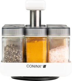 Coninx Kruidenrek Staand - Draaiend Kruidenrek Met Glazen Potjes - Kruidencarrousel Draaibaar - 8 Kruidenpotjes - Wit / RVS -Voedselopslag Winkel 1069x1200