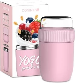 Coninx Thermos Lunchbox - Muesli Beker To Go - Isoleer Lunchpot - Yoghurtbeker To Go - Mueslibeker 840ml (600ml+240ml) - RVS / Roze -Voedselopslag Winkel 1086x1200 1