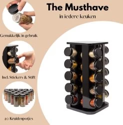 Pazzo Goods - Kruidenrek Staand - Kruidenrek Met Potjes - Zwart - RVS - Kruidenrek Draaibaar - 20 Kruidenpotjes - Inclusief Stickers & Stift - Kruiden Carrousel -Voedselopslag Winkel 1174x1200 2