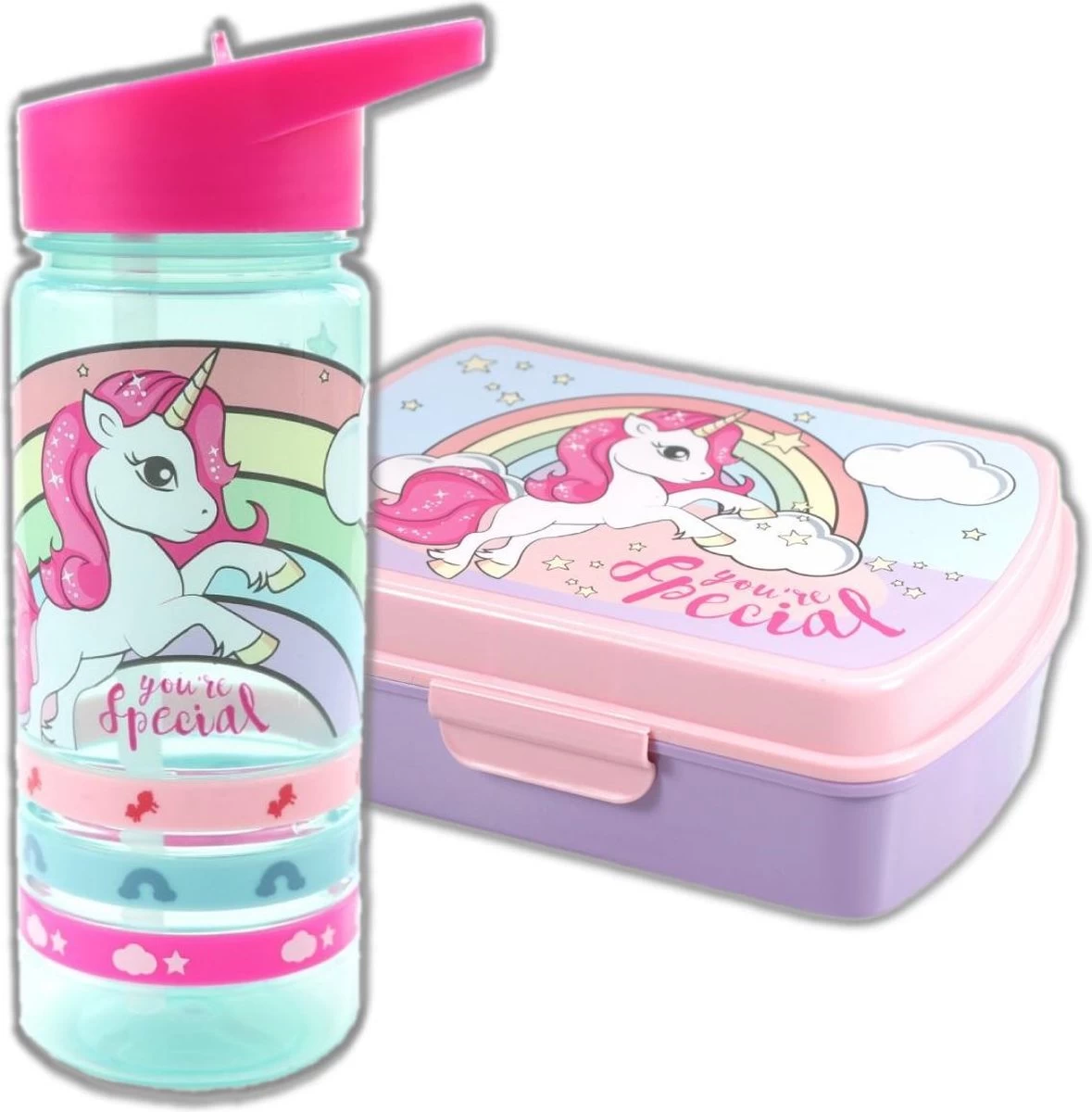Unicorn Broodtrommel + PET Drinkfles Lichtblauw | Eenhoorn Lunchbox Set Voor Meisjes LS22 1 Unicorn Broodtrommel + PET Drinkfles Lichtblauw | Eenhoorn Lunchbox Set Voor Meisjes LS22