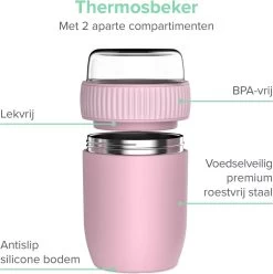 Coninx Thermos Lunchbox - Muesli Beker To Go - Isoleer Lunchpot - Yoghurtbeker To Go - Mueslibeker 840ml (600ml+240ml) - RVS / Roze -Voedselopslag Winkel 1195x1200