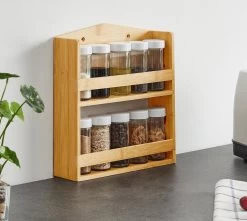 ACAZA Ophangbaar Kruidenrek Met 10 Glazen Kruidenpotjes, Spice Rack, Keuken Rek, Kruiden Organizer Voor Specerijen, Peper, Zout, 26 Cm Breed, Bamboe -Voedselopslag Winkel 1200x1075