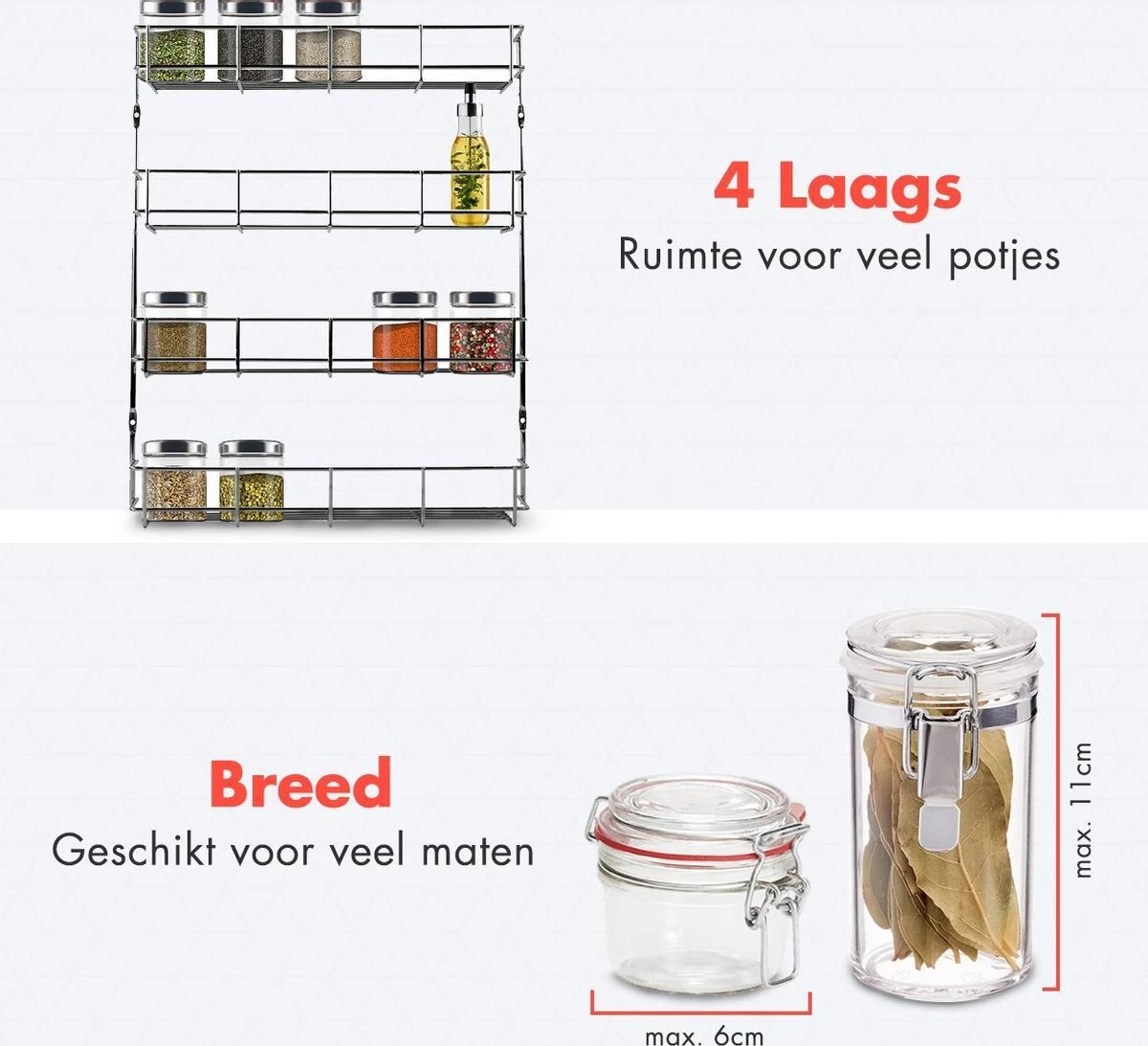 KitchenBrothers Ophangbaar Kruidenrek Voor 32 Kruidenpotjes - Spice Rack – Keuken Rek - Kruiden Organizer - Specerijen Opbergen - 4 Laags - 40 X 6.3 X 50 Cm - RVS 6 KitchenBrothers Ophangbaar Kruidenrek Voor 32 Kruidenpotjes - Spice Rack – Keuken Rek - Kruiden Organizer - Specerijen Opbergen - 4 Laags - 40 X 6.3 X 50 Cm - RVS - Afbeelding 6