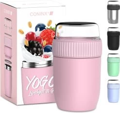 Coninx Thermos Lunchbox - Muesli Beker To Go - Isoleer Lunchpot - Yoghurtbeker To Go - Mueslibeker 840ml (600ml+240ml) - RVS / Roze