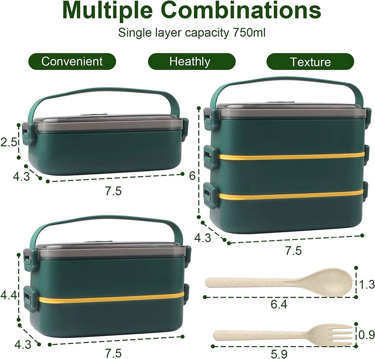 Lunchbox, Bento Box Voor Volwassenen Kinderen, Kinderlunchbox Met Compartimenten, 3-laags Lekvrije Bento-lunchbox Met Vork, Lepel, Geschikt Voor Lunchbox Voor Werk, Kantoor, School (2,25L Groen) 6 Lunchbox, Bento Box Voor Volwassenen Kinderen, Kinderlunchbox Met Compartimenten, 3-laags Lekvrije Bento-lunchbox Met Vork, Lepel, Geschikt Voor Lunchbox Voor Werk, Kantoor, School (2,25L Groen) - Afbeelding 6
