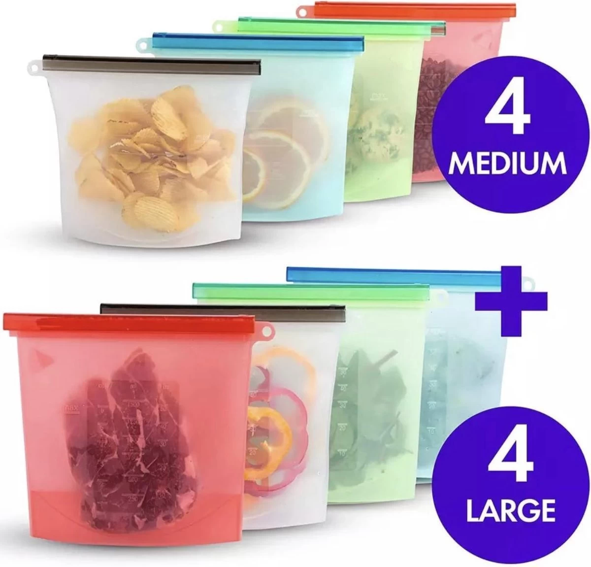 Siliconen Vershoudzakken - Set Van 8 ( 4x 1000ML + 4x 1500ML) -(Transparant, Rood, Groen, Blauw) - Duurzaam - Herbruikbaar - Vries & Hitte Bestendig - Meal Prep - Opbergzak Maatbeker Meal Prep Container 1 Siliconen Vershoudzakken - Set Van 8 ( 4x 1000ML + 4x 1500ML) -(Transparant, Rood, Groen, Blauw) - Duurzaam - Herbruikbaar - Vries & Hitte Bestendig - Meal Prep - Opbergzak Maatbeker Meal Prep Container
