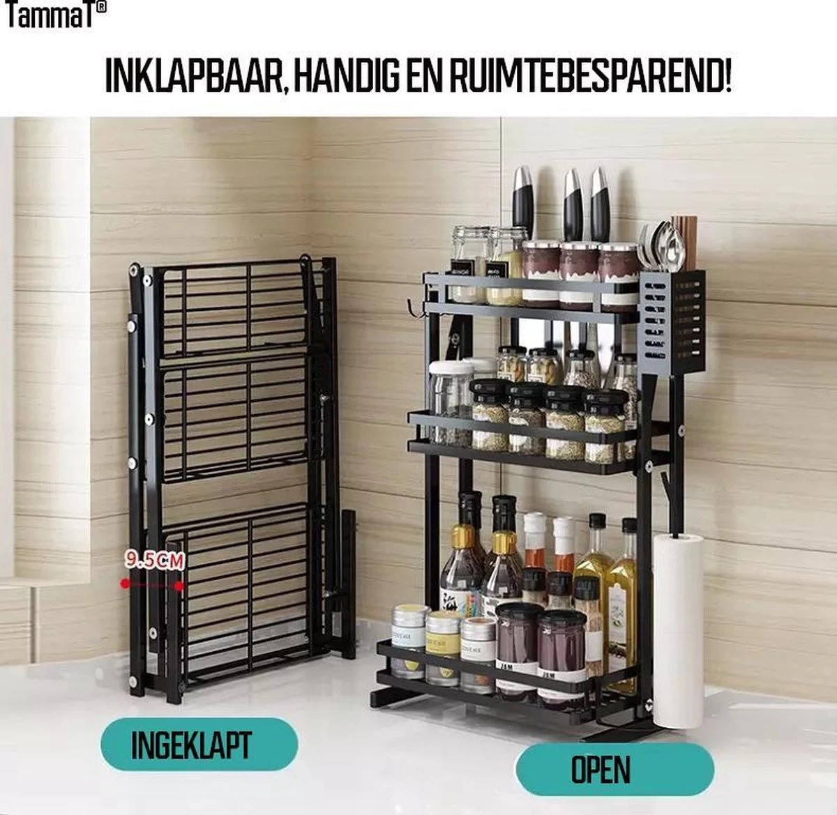 TammaT - Kruidenrek - Kruidenrek Staand - Inklapbare Keukenrek - 3-laags 35x21x56,5CM - Keuken Organizer - Aanrecht Organizer - Keuken Opslag - Roestvrij Staal - Opbergrek - Keuken Organizers - Roestvrij En Krasvrij 4 TammaT - Kruidenrek - Kruidenrek Staand - Inklapbare Keukenrek - 3-laags 35x21x56,5CM - Keuken Organizer - Aanrecht Organizer - Keuken Opslag - Roestvrij Staal - Opbergrek - Keuken Organizers - Roestvrij En Krasvrij - Afbeelding 4