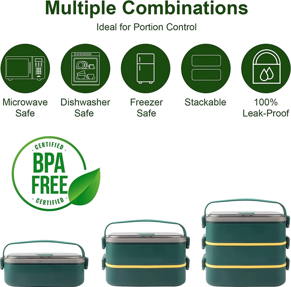 Lunchbox, Bento Box Voor Volwassenen Kinderen, Kinderlunchbox Met Compartimenten, 3-laags Lekvrije Bento-lunchbox Met Vork, Lepel, Geschikt Voor Lunchbox Voor Werk, Kantoor, School (2,25L Groen) 2 Lunchbox, Bento Box Voor Volwassenen Kinderen, Kinderlunchbox Met Compartimenten, 3-laags Lekvrije Bento-lunchbox Met Vork, Lepel, Geschikt Voor Lunchbox Voor Werk, Kantoor, School (2,25L Groen) - Afbeelding 2