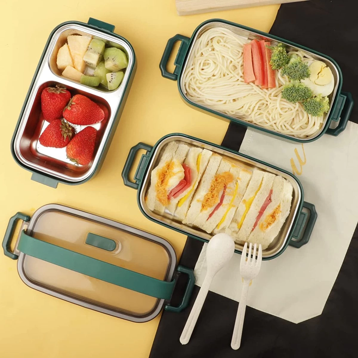 Lunchbox, Bento Box Voor Volwassenen Kinderen, Kinderlunchbox Met Compartimenten, 3-laags Lekvrije Bento-lunchbox Met Vork, Lepel, Geschikt Voor Lunchbox Voor Werk, Kantoor, School (2,25L Groen) 7 Lunchbox, Bento Box Voor Volwassenen Kinderen, Kinderlunchbox Met Compartimenten, 3-laags Lekvrije Bento-lunchbox Met Vork, Lepel, Geschikt Voor Lunchbox Voor Werk, Kantoor, School (2,25L Groen) - Afbeelding 7