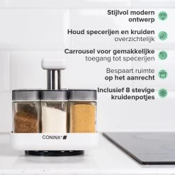 Coninx Kruidenrek Staand - Draaiend Kruidenrek Met Glazen Potjes - Kruidencarrousel Draaibaar - 8 Kruidenpotjes - Wit / RVS -Voedselopslag Winkel 1200x1200 192