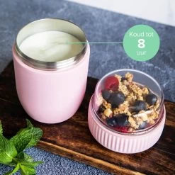 Coninx Thermos Lunchbox - Muesli Beker To Go - Isoleer Lunchpot - Yoghurtbeker To Go - Mueslibeker 840ml (600ml+240ml) - RVS / Roze -Voedselopslag Winkel 1200x1200