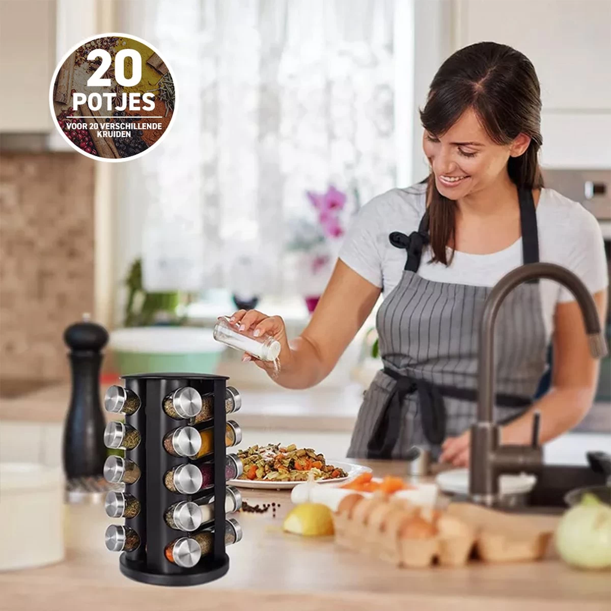 Merkloos Draaibaar Kruidenrek Met 20 Kruidenpotjes - Kruidenrek Staand - Aanrecht Organiser - Glazen Potjes Met Deksel - Inclusief 32 Etiketten En 1 Uitwisbare Stift - Ronde Afwerking - Zwart 2 Merkloos Draaibaar Kruidenrek Met 20 Kruidenpotjes - Kruidenrek Staand - Aanrecht Organiser - Glazen Potjes Met Deksel - Inclusief 32 Etiketten En 1 Uitwisbare Stift - Ronde Afwerking - Zwart - Afbeelding 2