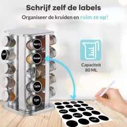 LuZana® Draaibaar Kruidenrek -RVS- Staand Met Potjes - 20 Kruidenpotjes Met Strooideksel – Incl. Labels, Krijtstift En Trechter -Voedselopslag Winkel 1200x1200 360