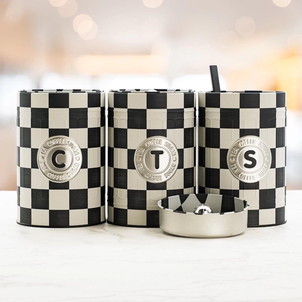 Industrial Living Voorraadblikken – Voorraadbussen Koffie Thee Suiker – Bewaarblik – Checkerboard – Voorraadpot Geblokt Voor Koek – Metaal - Set Van 3 – Zwart - Wit 3 Industrial Living Voorraadblikken – Voorraadbussen Koffie Thee Suiker – Bewaarblik – Checkerboard – Voorraadpot Geblokt Voor Koek – Metaal - Set Van 3 – Zwart - Wit - Afbeelding 3