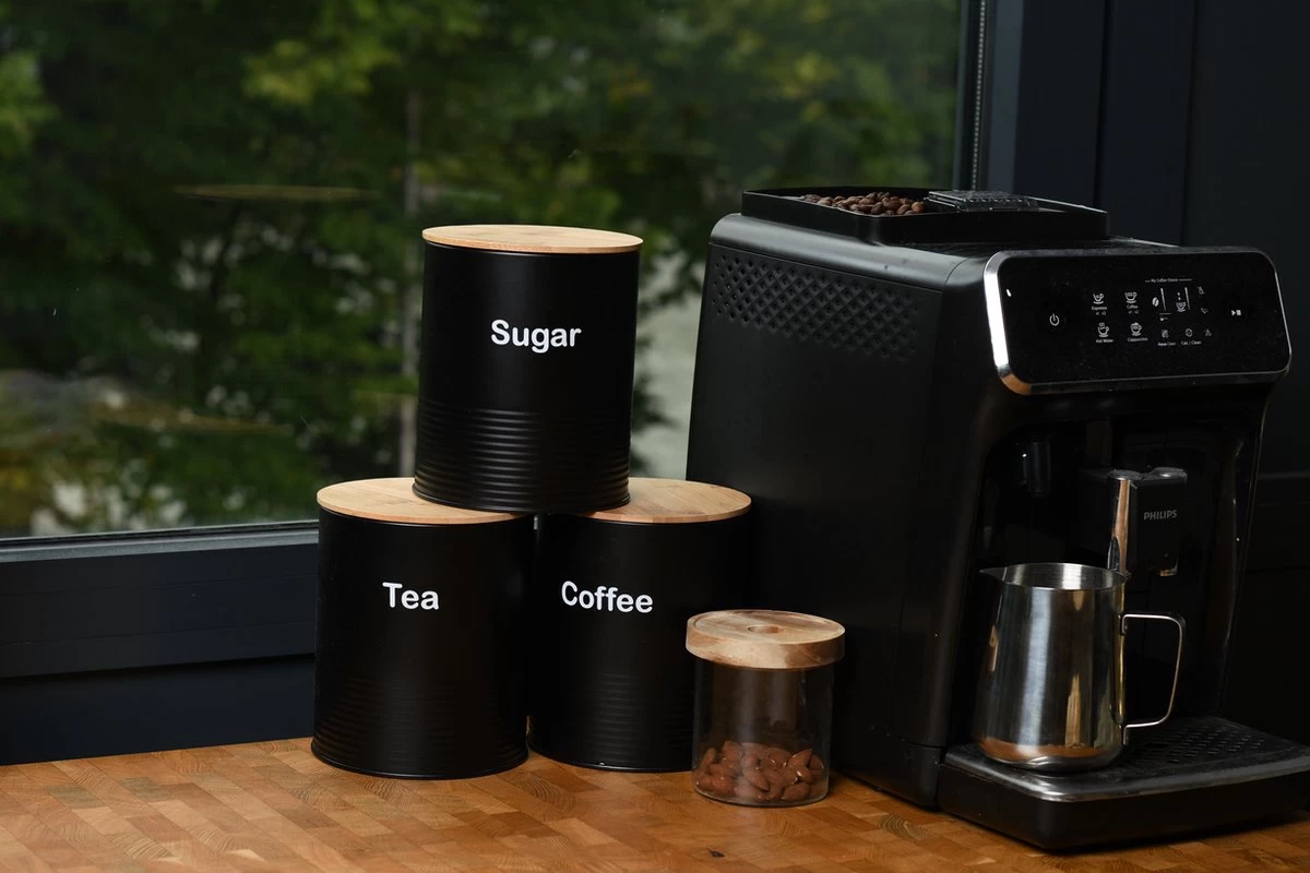 Bewaarblik - Voorraadpotten - Suikerpot - 3 Stuks - Voorraadblik - Deksel Bamboe - Luchtdict Voorraadbussen Potten - Koffie Thee Suiker - Zwart 2 Bewaarblik - Voorraadpotten - Suikerpot - 3 Stuks - Voorraadblik - Deksel Bamboe - Luchtdict Voorraadbussen Potten - Koffie Thee Suiker - Zwart - Afbeelding 2