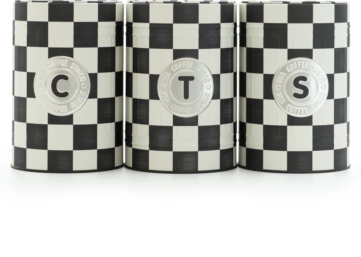 Industrial Living Voorraadblikken – Voorraadbussen Koffie Thee Suiker – Bewaarblik – Checkerboard – Voorraadpot Geblokt Voor Koek – Metaal - Set Van 3 – Zwart - Wit 1 Industrial Living Voorraadblikken – Voorraadbussen Koffie Thee Suiker – Bewaarblik – Checkerboard – Voorraadpot Geblokt Voor Koek – Metaal - Set Van 3 – Zwart - Wit