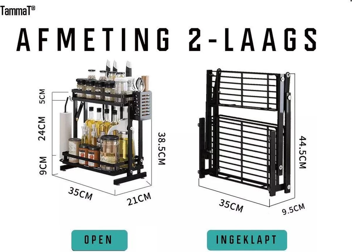 TammaT - Kruidenrek - Kruidenrek Staand - Inklapbare Keukenrek - 3-laags 35x21x56,5CM - Keuken Organizer - Aanrecht Organizer - Keuken Opslag - Roestvrij Staal - Opbergrek - Keuken Organizers - Roestvrij En Krasvrij 9 TammaT - Kruidenrek - Kruidenrek Staand - Inklapbare Keukenrek - 3-laags 35x21x56,5CM - Keuken Organizer - Aanrecht Organizer - Keuken Opslag - Roestvrij Staal - Opbergrek - Keuken Organizers - Roestvrij En Krasvrij - Afbeelding 9