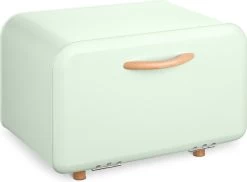 Navaris Metalen Broodtrommel Met Klapdeksel - Vershouddoos Voor Brood - 35 X 24 X 23 Cm - Van Ijzer Met Houten Details In Mintgroen