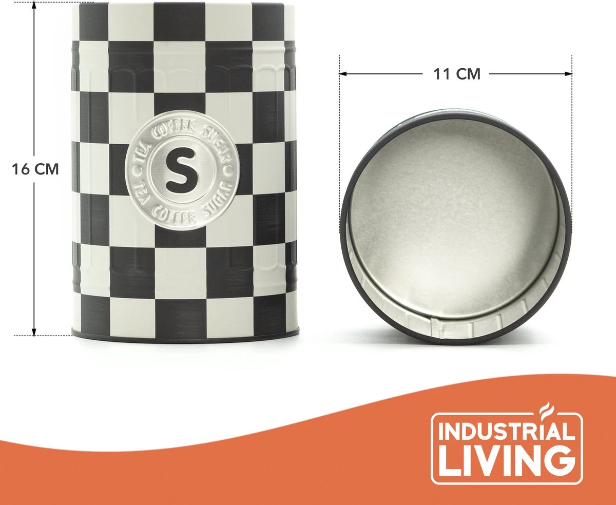Industrial Living Voorraadblikken – Voorraadbussen Koffie Thee Suiker – Bewaarblik – Checkerboard – Voorraadpot Geblokt Voor Koek – Metaal - Set Van 3 – Zwart - Wit 2 Industrial Living Voorraadblikken – Voorraadbussen Koffie Thee Suiker – Bewaarblik – Checkerboard – Voorraadpot Geblokt Voor Koek – Metaal - Set Van 3 – Zwart - Wit - Afbeelding 2