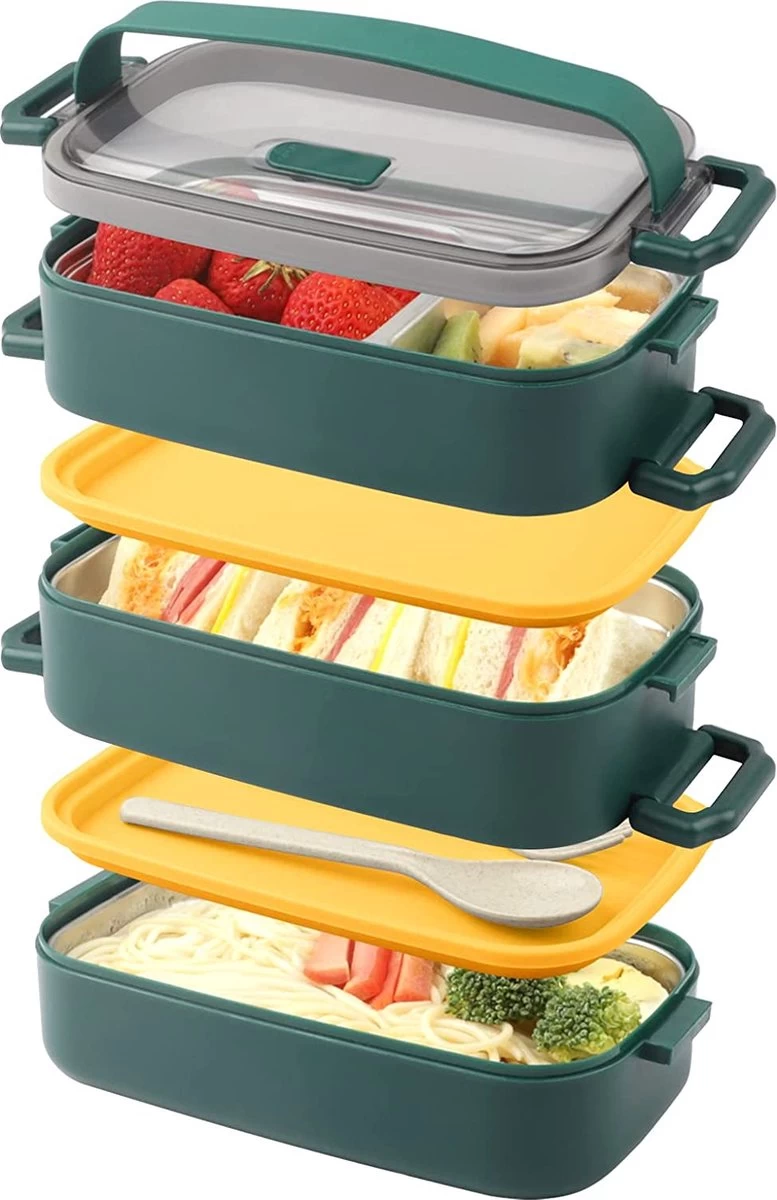 Lunchbox, Bento Box Voor Volwassenen Kinderen, Kinderlunchbox Met Compartimenten, 3-laags Lekvrije Bento-lunchbox Met Vork, Lepel, Geschikt Voor Lunchbox Voor Werk, Kantoor, School (2,25L Groen) 1 Lunchbox, Bento Box Voor Volwassenen Kinderen, Kinderlunchbox Met Compartimenten, 3-laags Lekvrije Bento-lunchbox Met Vork, Lepel, Geschikt Voor Lunchbox Voor Werk, Kantoor, School (2,25L Groen)