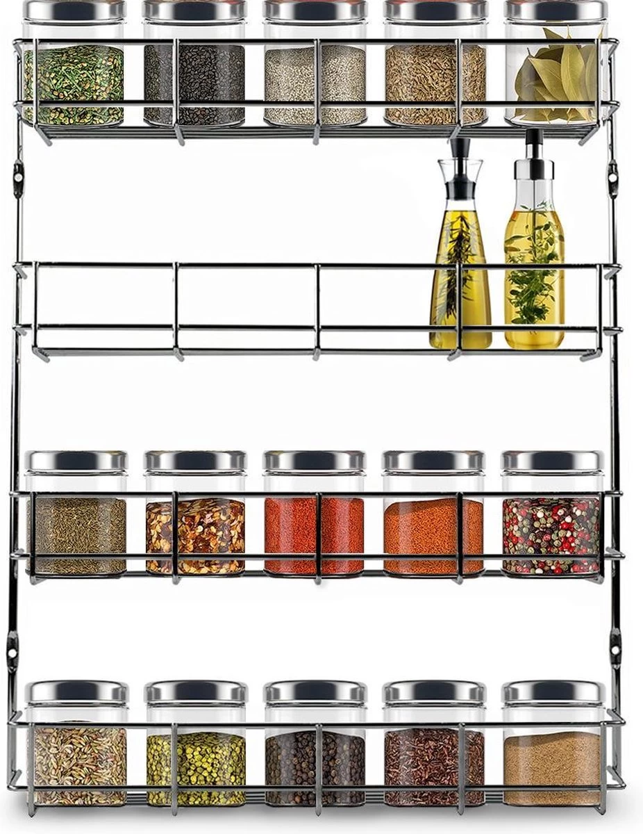 KitchenBrothers Ophangbaar Kruidenrek Voor 32 Kruidenpotjes - Spice Rack – Keuken Rek - Kruiden Organizer - Specerijen Opbergen - 4 Laags - 40 X 6.3 X 50 Cm - RVS 1 KitchenBrothers Ophangbaar Kruidenrek Voor 32 Kruidenpotjes - Spice Rack – Keuken Rek - Kruiden Organizer - Specerijen Opbergen - 4 Laags - 40 X 6.3 X 50 Cm - RVS